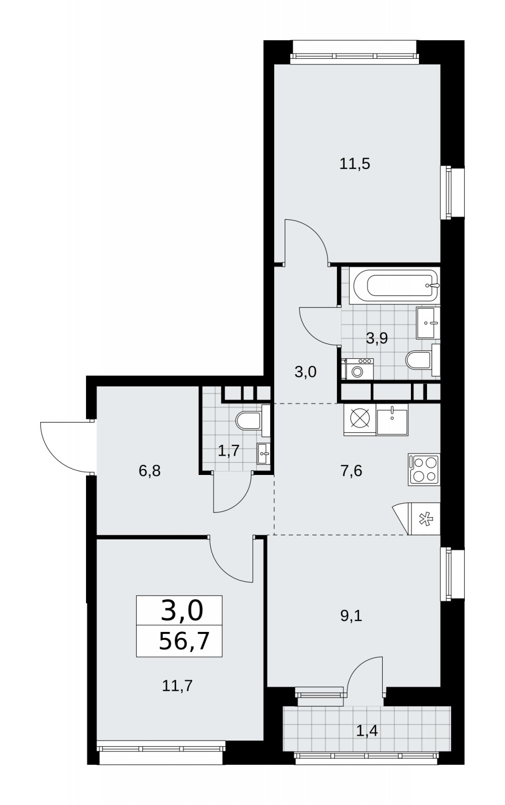 3-комнатная квартира (евро) с частичной отделкой, 56.7 м2, 8 этаж, сдача 2 квартал 2026 г., ЖК Дзен-кварталы, корпус 3.6 - объявление 2242964 - фото №1