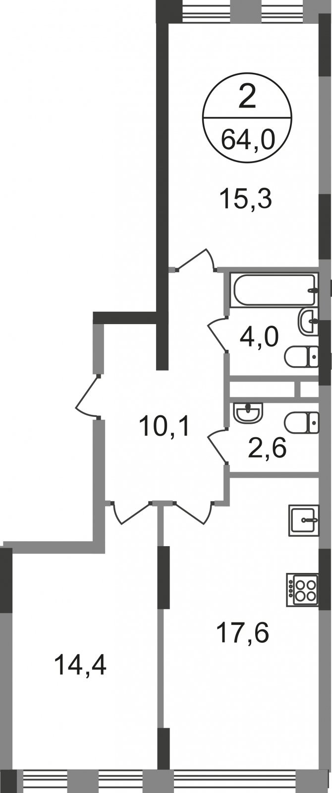 2-комнатная квартира без отделки, 64 м2, 12 этаж, сдача 1 квартал 2025 г., ЖК город-парк Переделкино Ближнее, корпус 17-1 - объявление 2347162 - фото №1