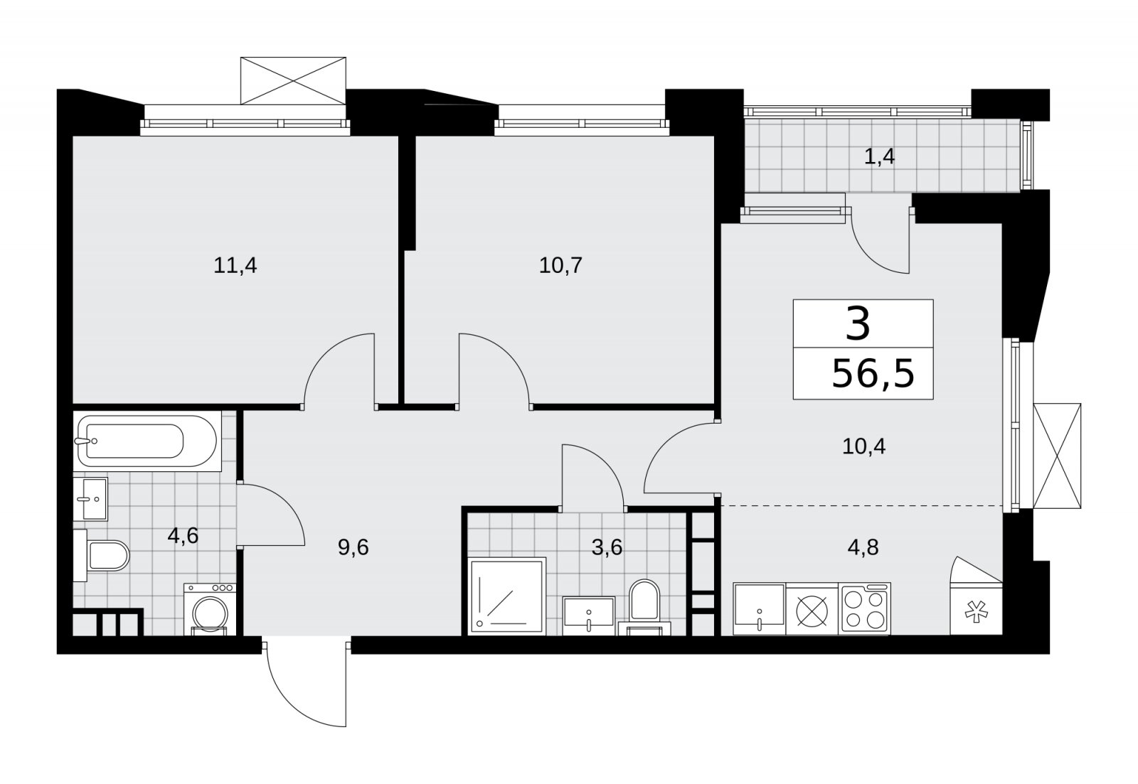 3-комнатная квартира (евро) без отделки, 56.5 м2, 5 этаж, сдача 4 квартал 2025 г., ЖК Бунинские кварталы, корпус 6.6 - объявление 2252961 - фото №1