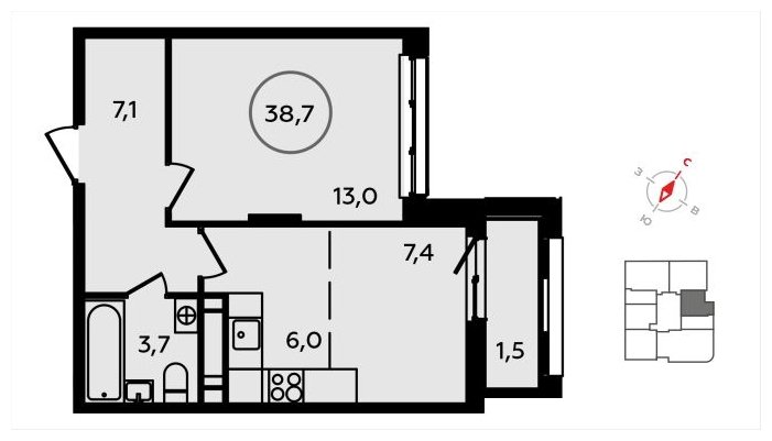 2-комнатная квартира (евро) без отделки, 38.7 м2, 13 этаж, сдача 3 квартал 2024 г., ЖК Скандинавия, корпус 2.22.1 - объявление 1625281 - фото №1