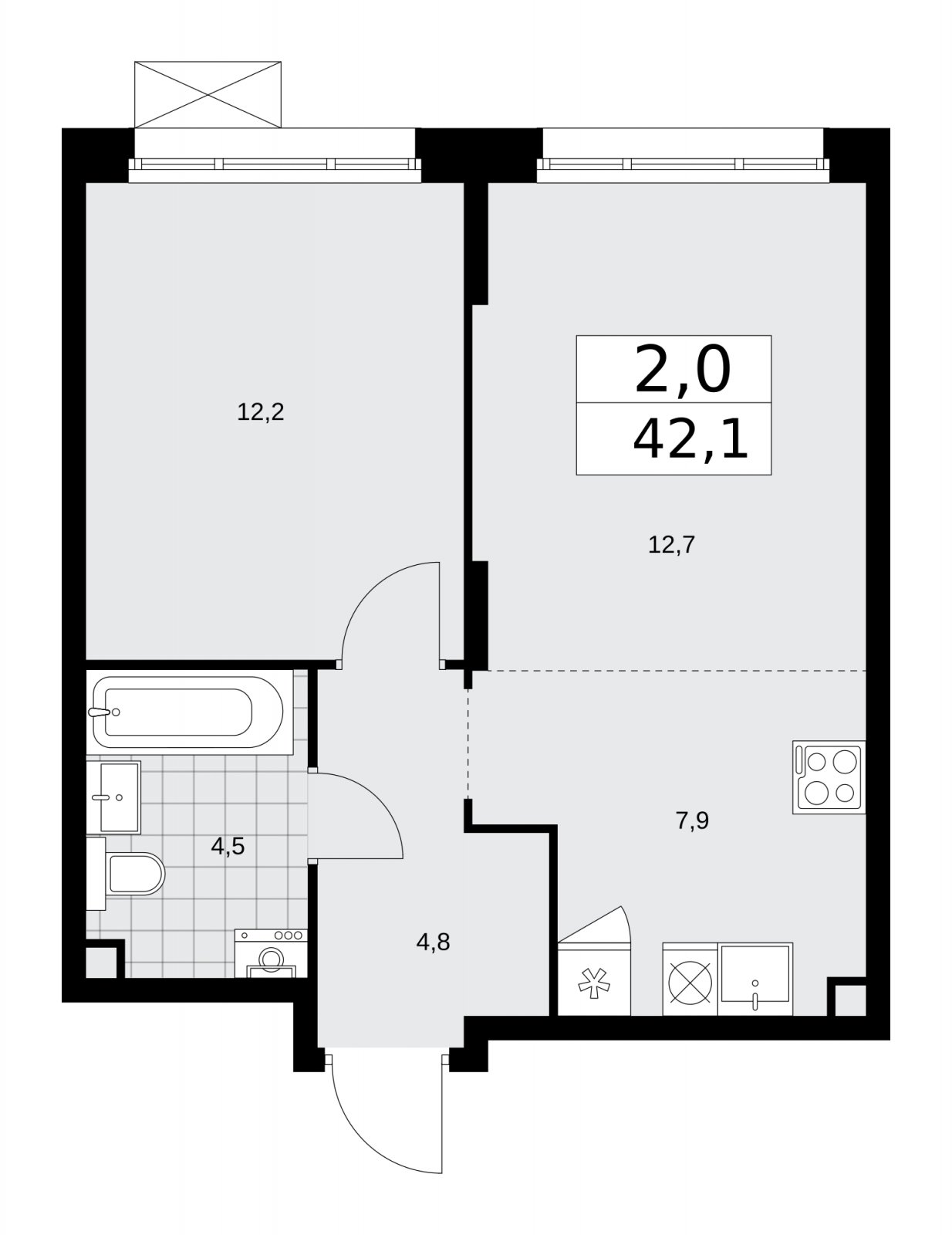 2-комнатная квартира (евро) без отделки, 42.1 м2, 2 этаж, сдача 1 квартал 2026 г., ЖК Прокшино, корпус 10.1.2 - объявление 2226987 - фото №1