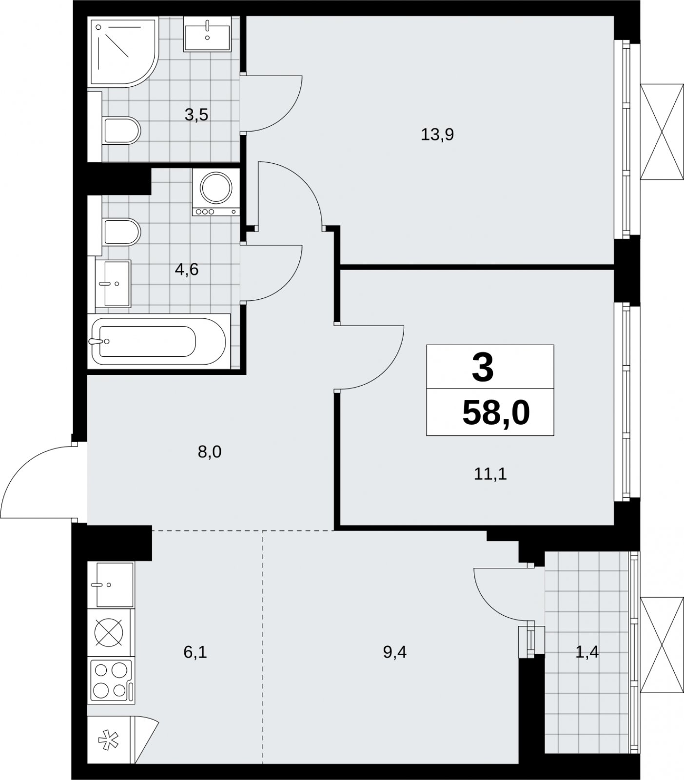 3-комнатная квартира (евро) без отделки, 58 м2, 15 этаж, сдача 2 квартал 2026 г., ЖК Бунинские кварталы, корпус 9.2 - объявление 2324271 - фото №1