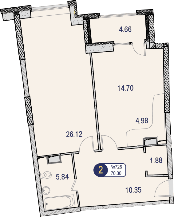 2-комнатные апартаменты без отделки, 70.3 м2, 7 этаж, дом сдан, ЖК МФК Маршал, корпус 9 - объявление 1452940 - фото №1