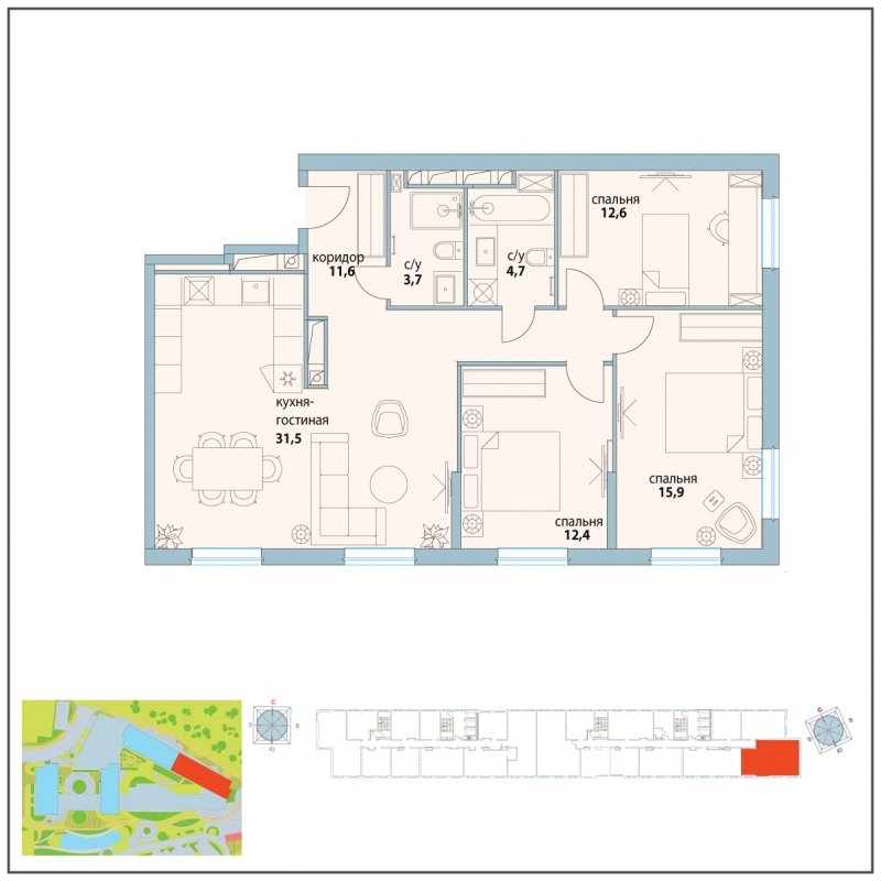 4-комнатная квартира (евро) с полной отделкой, 92.4 м2, 26 этаж, сдача 3 квартал 2023 г., ЖК Символ, корпус 18 (квартал "Смелость") - объявление 1799269 - фото №1