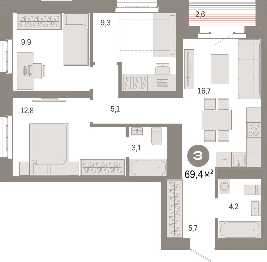 3-комнатная квартира с частичной отделкой, 69.4 м2, 12 этаж, сдача 3 квартал 2026 г., ЖК Квартал Метроном, корпус 1 - объявление 2396822 - фото №1