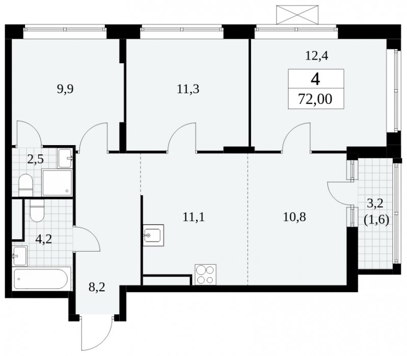 4-комнатная квартира (евро) без отделки, 72 м2, 11 этаж, сдача 2 квартал 2024 г., ЖК Прокшино, корпус 6.3 - объявление 1662988 - фото №1