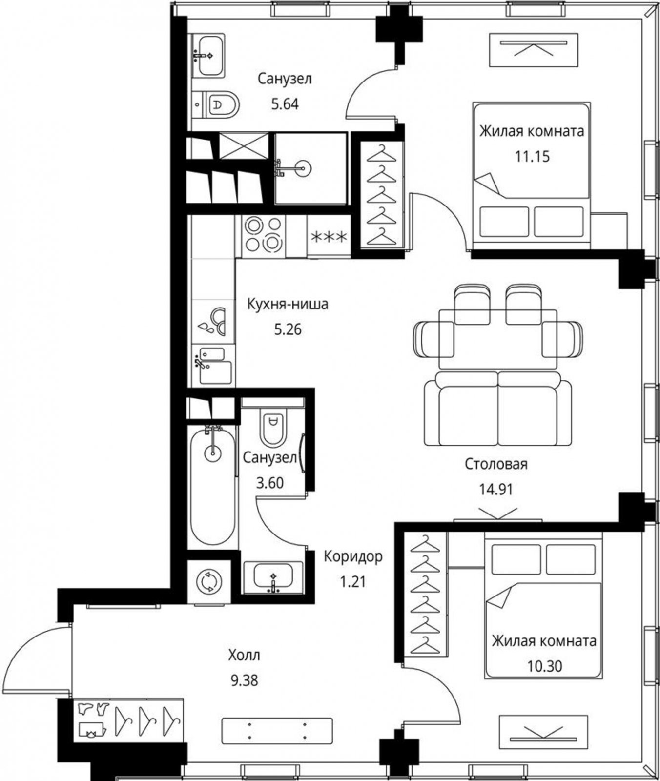 2-комнатная квартира с частичной отделкой, 61.45 м2, 38 этаж, сдача 3 квартал 2026 г., ЖК City Bay, корпус North Ocean 1 - объявление 2240524 - фото №1