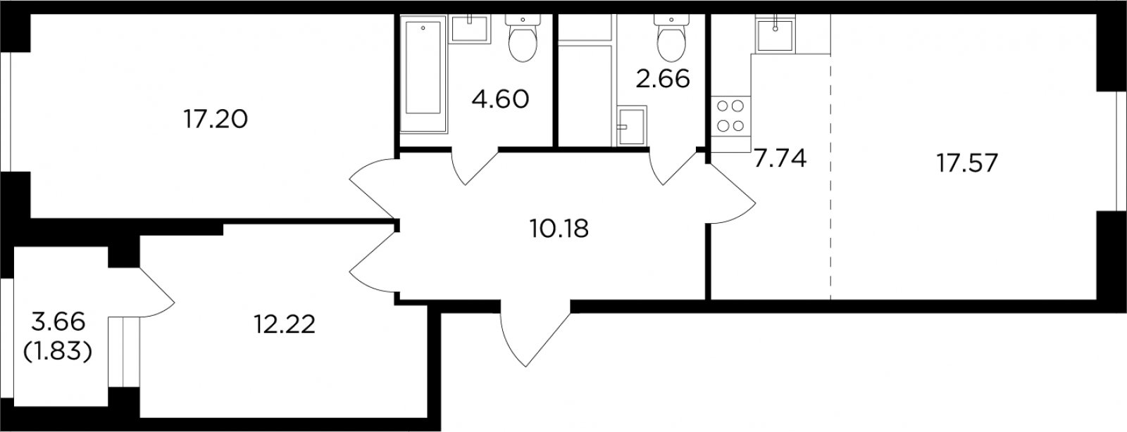 3-комнатная квартира без отделки, 74 м2, 30 этаж, дом сдан, ЖК КутузовGRAD 2, корпус 5 - объявление 2317443 - фото №1