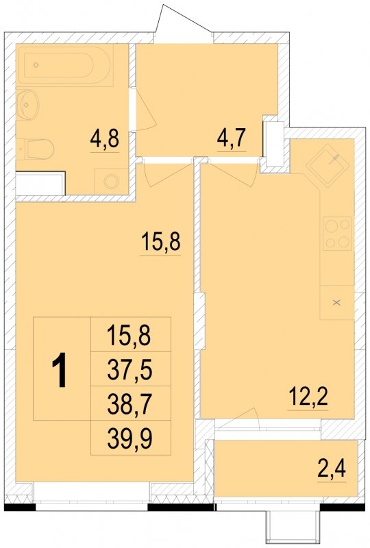 1-комнатная квартира без отделки, 38.7 м2, 2 этаж, сдача 1 квартал 2024 г., ЖК Отрадный, корпус 4 - объявление 1685409 - фото №1