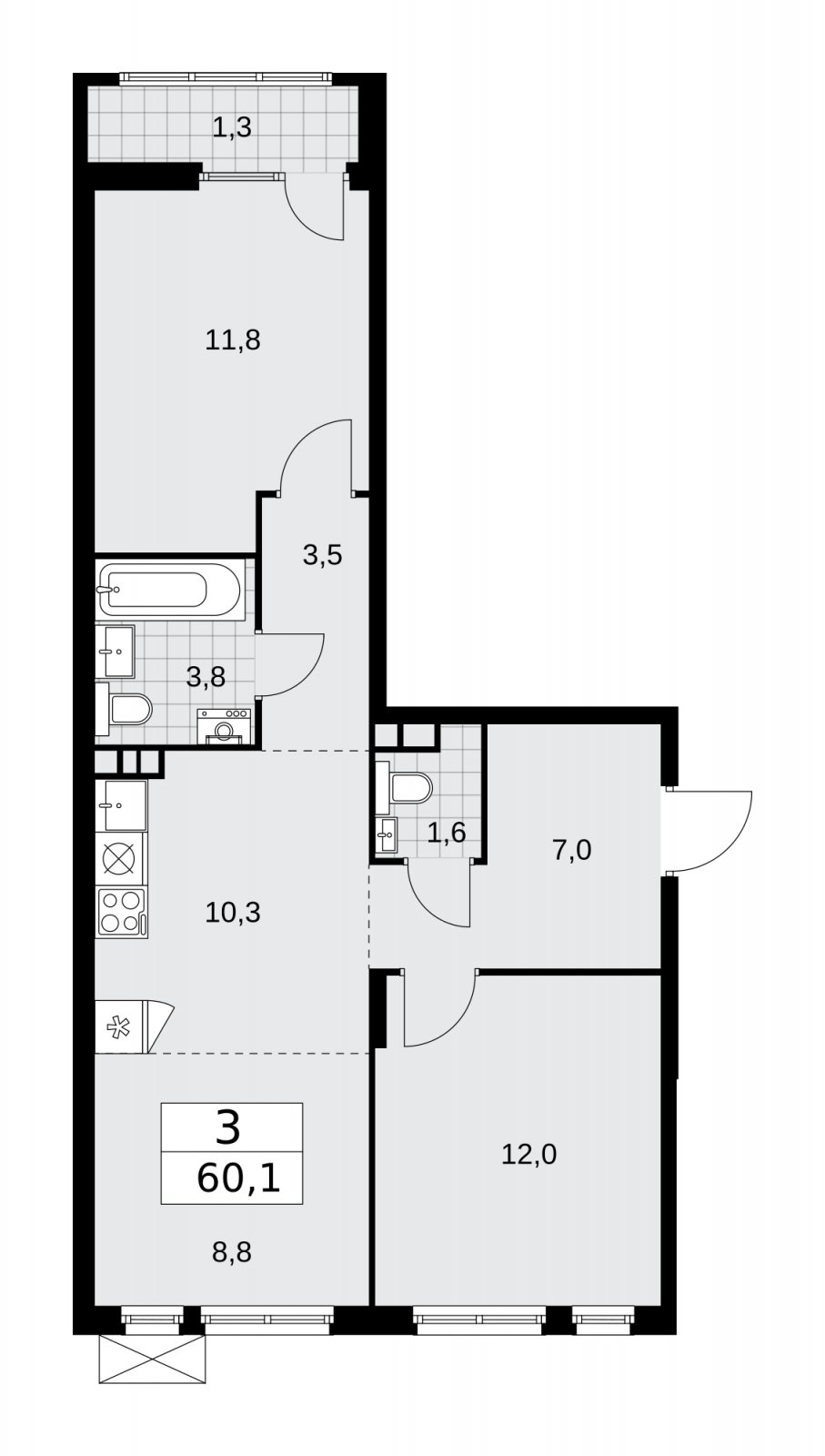 3-комнатная квартира (евро) без отделки, 60.1 м2, 6 этаж, сдача 1 квартал 2026 г., ЖК Деснаречье, корпус 4.2 - объявление 2263703 - фото №1
