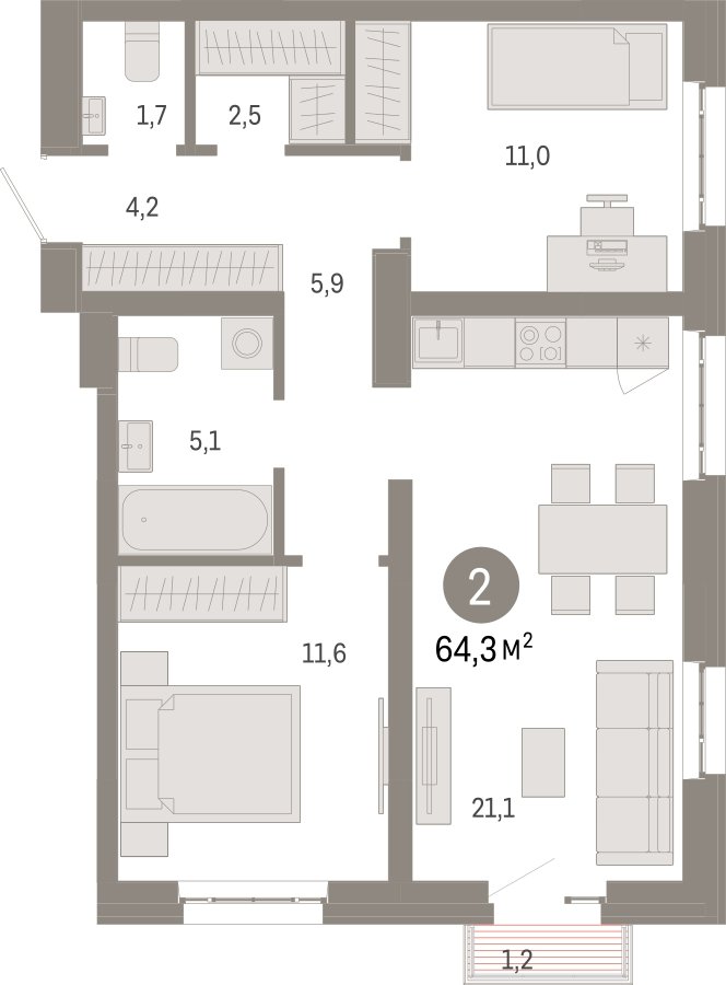 2-комнатная квартира с частичной отделкой, 64.3 м2, 4 этаж, сдача 3 квартал 2026 г., ЖК Квартал Метроном, корпус 1 - объявление 2330929 - фото №1
