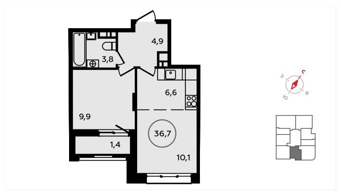 2-комнатная квартира (евро) без отделки, 36.7 м2, 9 этаж, сдача 3 квартал 2024 г., ЖК Скандинавия, корпус 22.1 - объявление 1625242 - фото №1