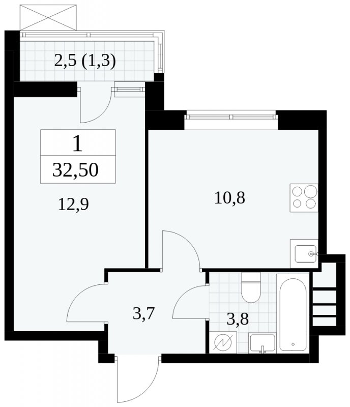 1-комнатная квартира без отделки, 32.5 м2, 14 этаж, сдача 1 квартал 2025 г., ЖК Прокшино, корпус 5.2.1 - объявление 1751068 - фото №1