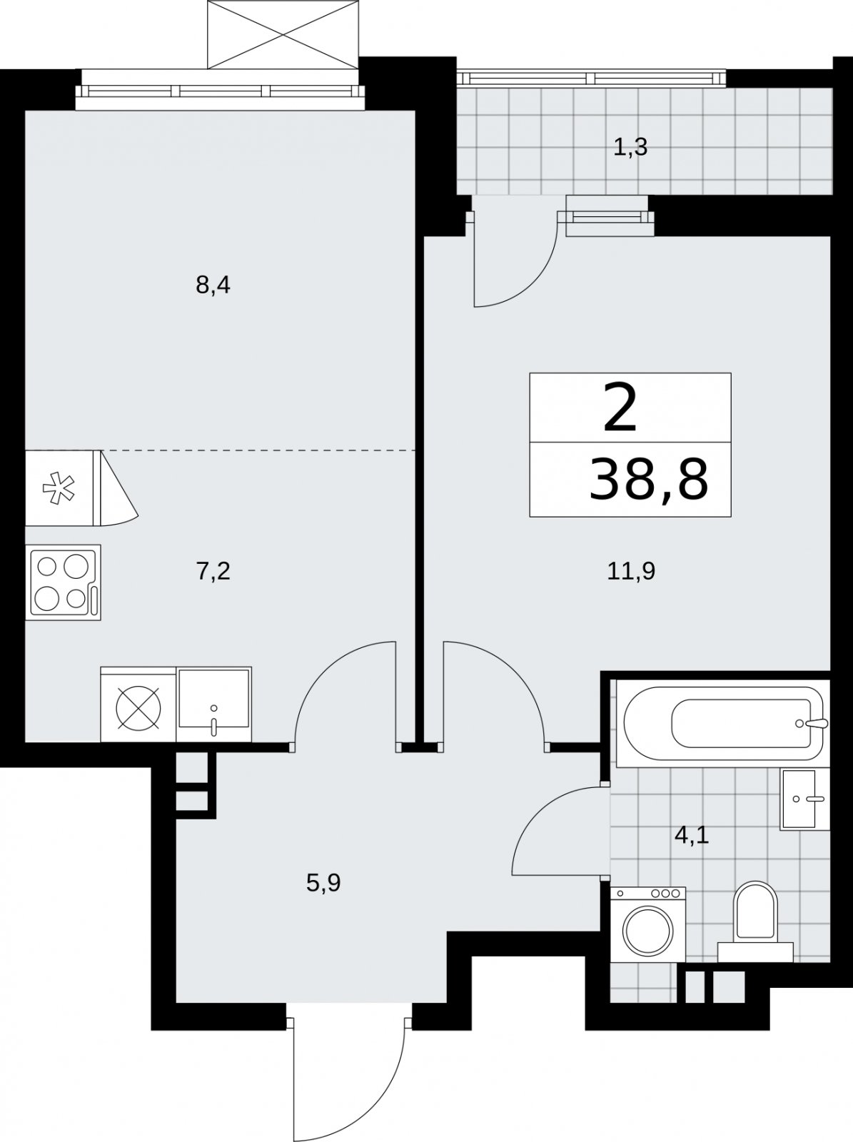 2-комнатная квартира (евро) с частичной отделкой, 38.8 м2, 3 этаж, сдача 2 квартал 2026 г., ЖК Бунинские кварталы, корпус 5.1 - объявление 2296997 - фото №1