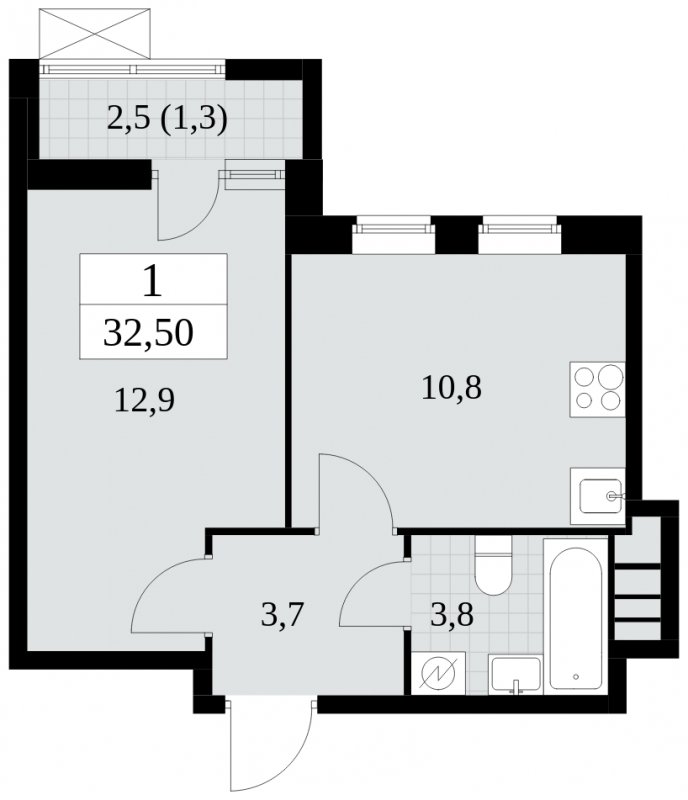 1-комнатная квартира с частичной отделкой, 32.5 м2, 17 этаж, сдача 1 квартал 2025 г., ЖК Прокшино, корпус 5.2.2 - объявление 1751277 - фото №1
