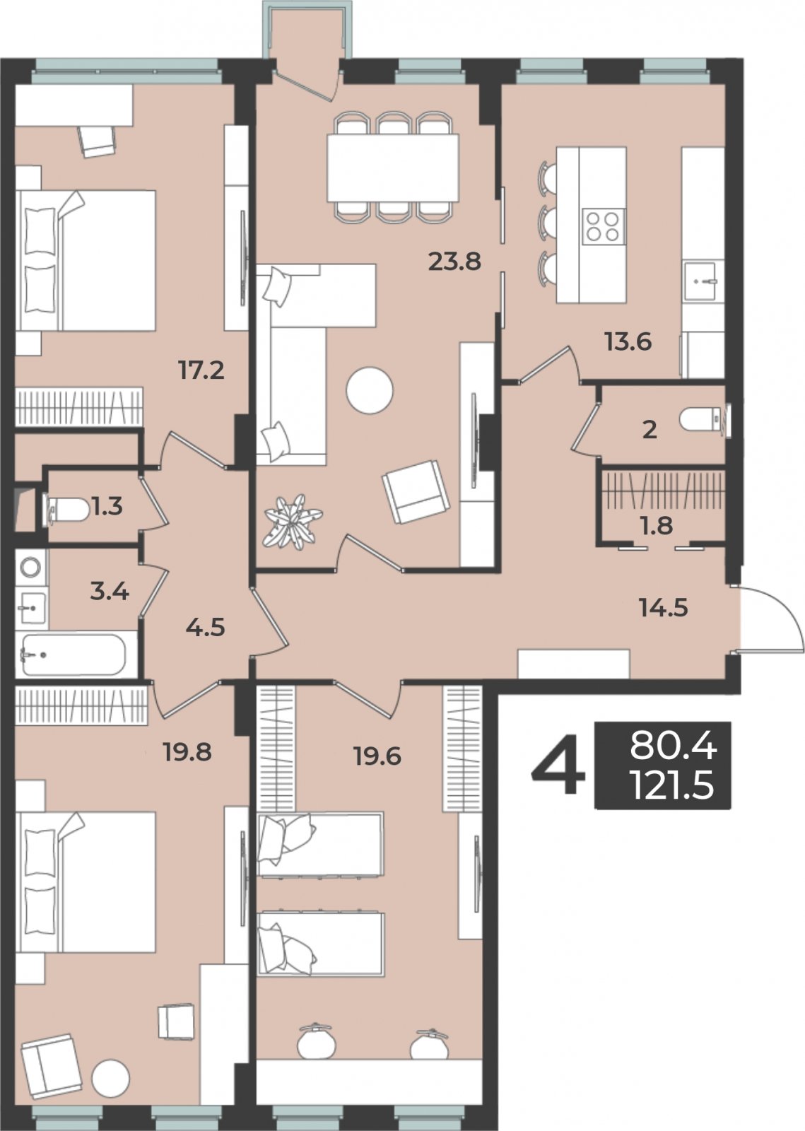 4-комнатная квартира 121.5 м2, 13 этаж, дом сдан, ЖК Лефорт, корпус 3 - объявление 2186907 - фото №1