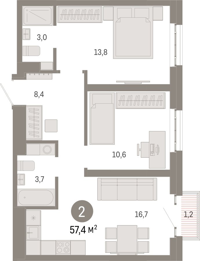 2-комнатная квартира с частичной отделкой, 57.4 м2, 13 этаж, сдача 3 квартал 2026 г., ЖК Квартал Метроном, корпус 1 - объявление 2300578 - фото №1