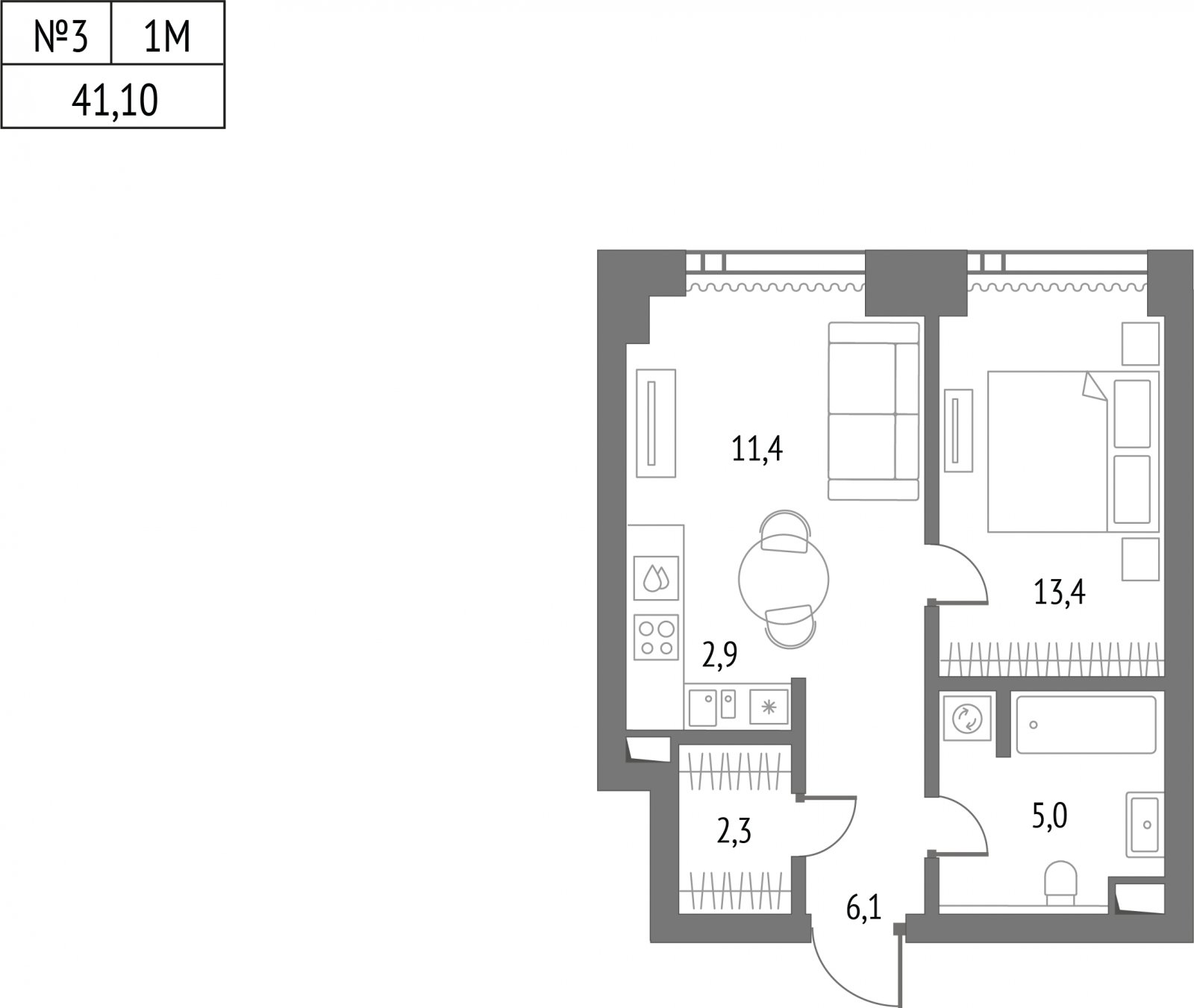 1-комнатная квартира без отделки, 41.2 м2, 13 этаж, сдача 2 квартал 2026 г., ЖК Upside Towers, корпус 1 - объявление 2057051 - фото №1