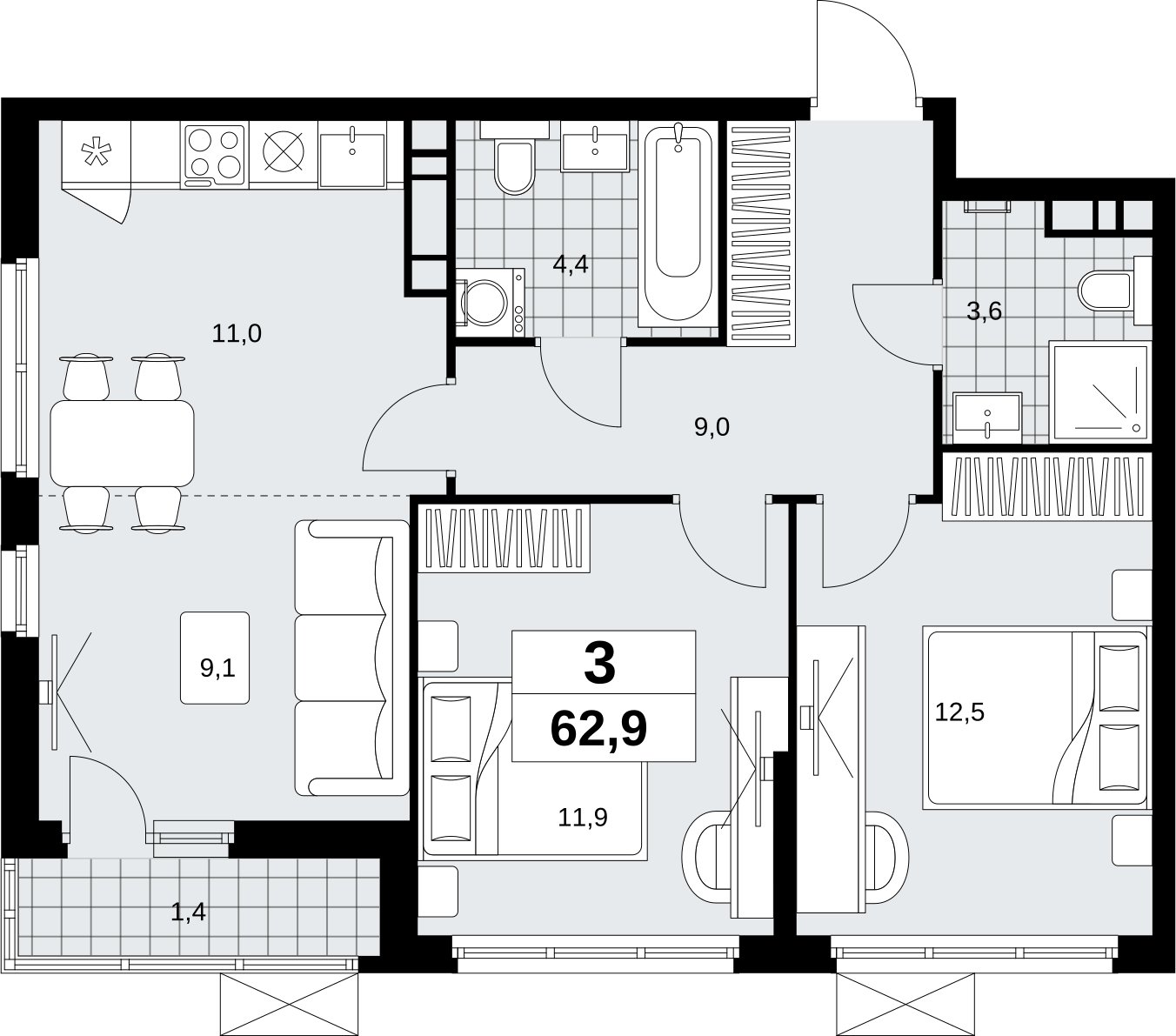 3-комнатная квартира (евро) без отделки, 62.9 м2, 7 этаж, сдача 4 квартал 2026 г., ЖК Скандинавия, корпус 2.18.2.5 - объявление 2351619 - фото №1