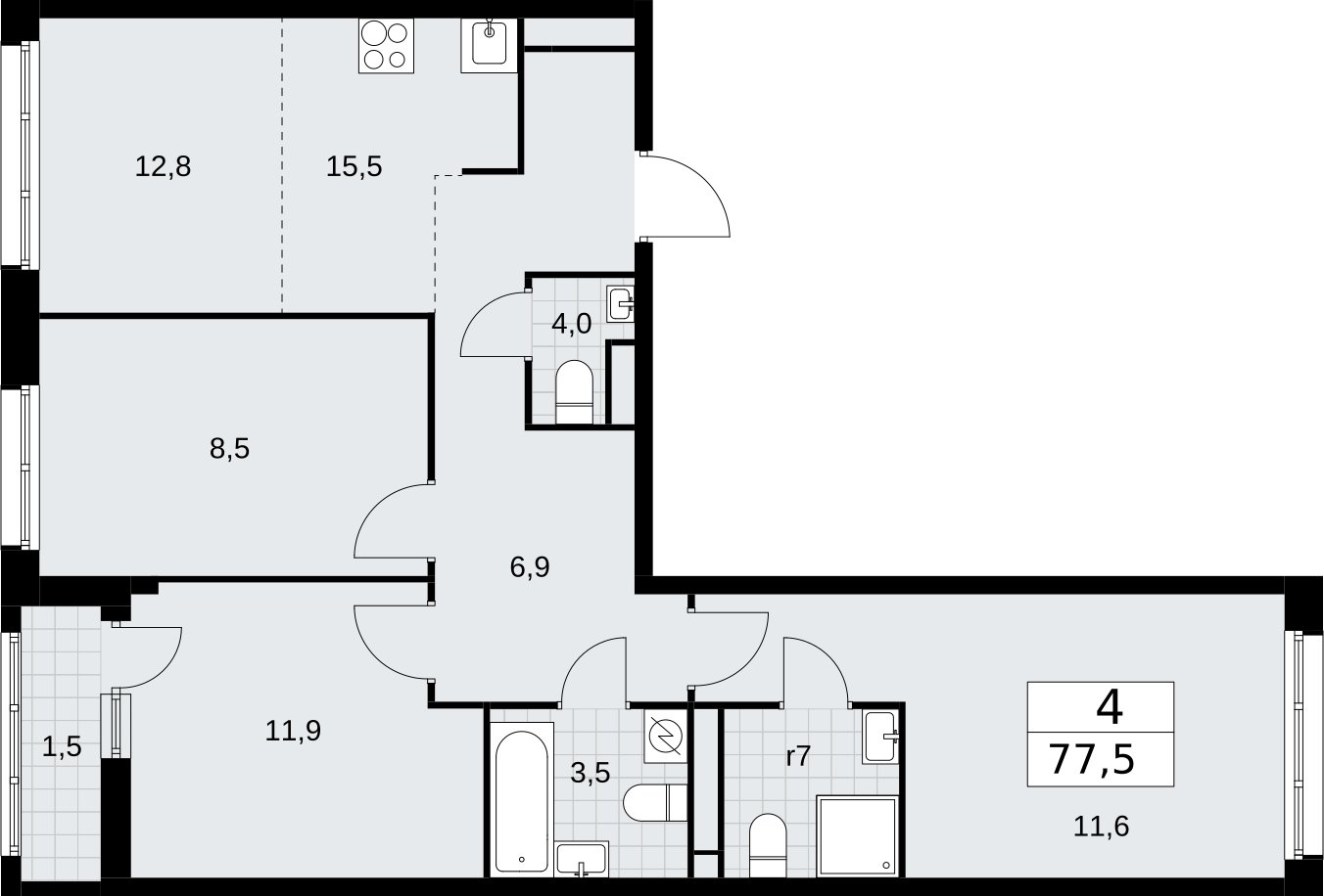 4-комнатная квартира (евро) с полной отделкой, 77.5 м2, 9 этаж, сдача 4 квартал 2026 г., ЖК Родные кварталы, корпус 1.2 - объявление 2317855 - фото №1