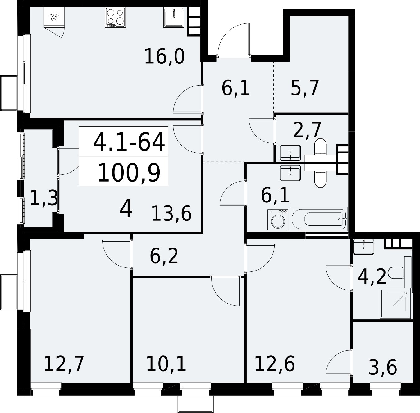 4-комнатная квартира с полной отделкой, 100.9 м2, 12 этаж, сдача 2 квартал 2027 г., ЖК Южные сады, корпус 4.1.1 - объявление 2392605 - фото №1