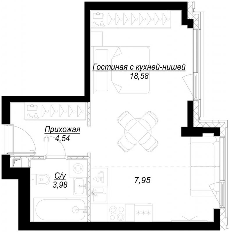 1-комнатная квартира с частичной отделкой, 35.1 м2, 11 этаж, сдача 1 квартал 2023 г., ЖК Hide, корпус RiverSide - объявление 1756828 - фото №1