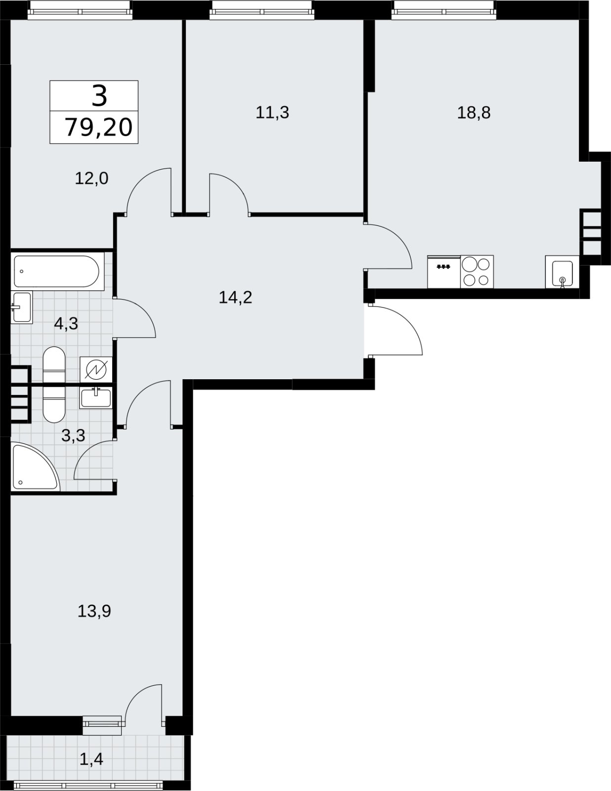 3-комнатная квартира без отделки, 79.2 м2, 4 этаж, сдача 3 квартал 2026 г., ЖК Родные кварталы, корпус 3.1 - объявление 2378233 - фото №1