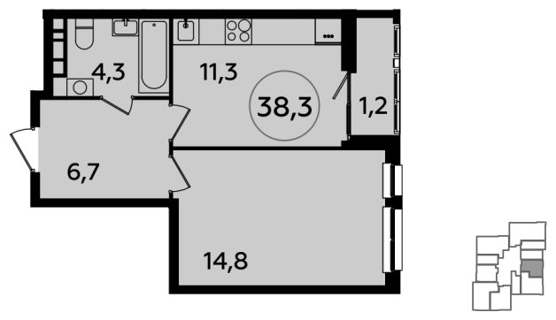 1-комнатная квартира без отделки, 38.3 м2, 15 этаж, сдача 1 квартал 2024 г., ЖК Южные сады, корпус 1.2 - объявление 1512176 - фото №1
