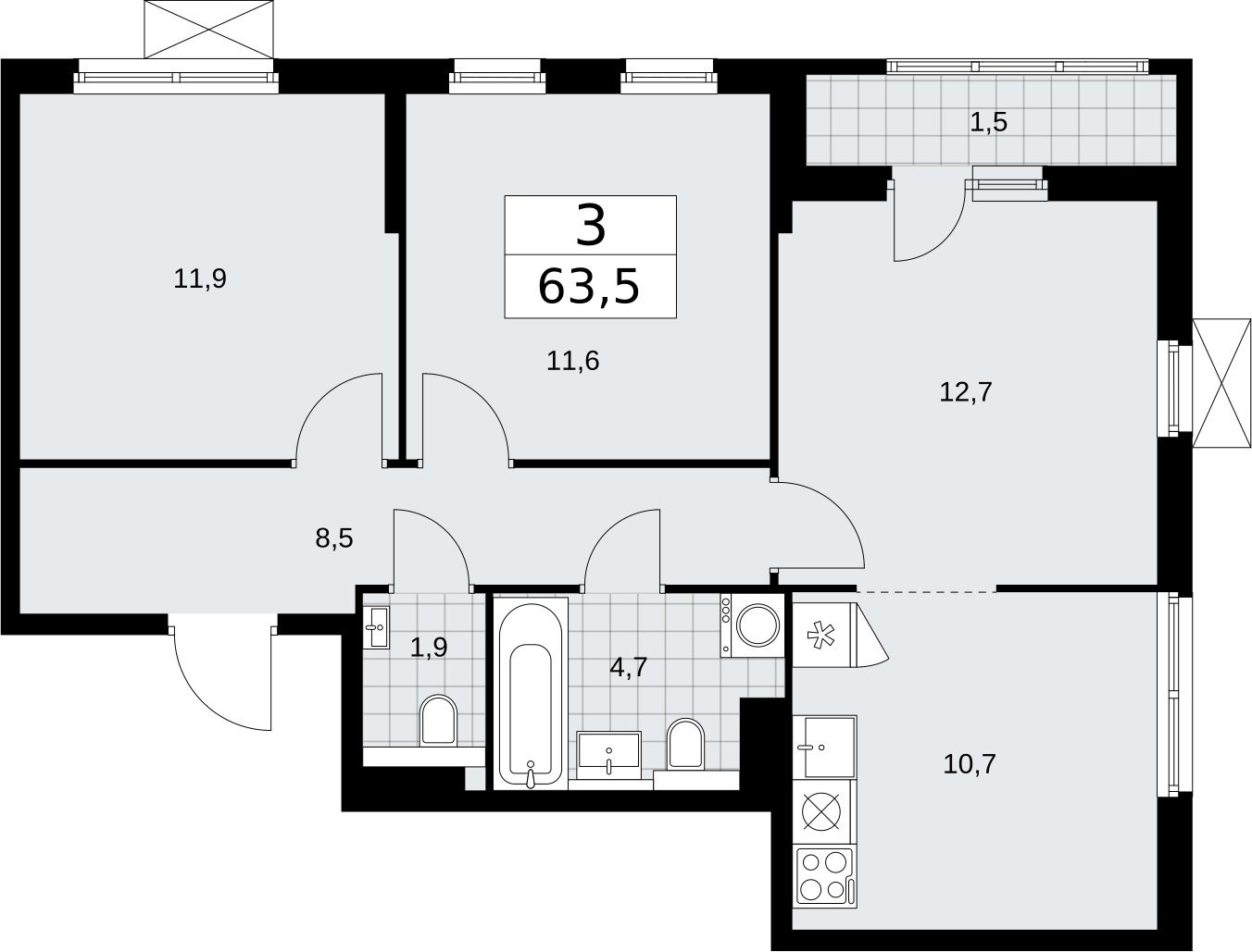 3-комнатная квартира без отделки, 63.5 м2, 5 этаж, сдача 2 квартал 2026 г., ЖК Бунинские кварталы, корпус 7.3 - объявление 2313992 - фото №1
