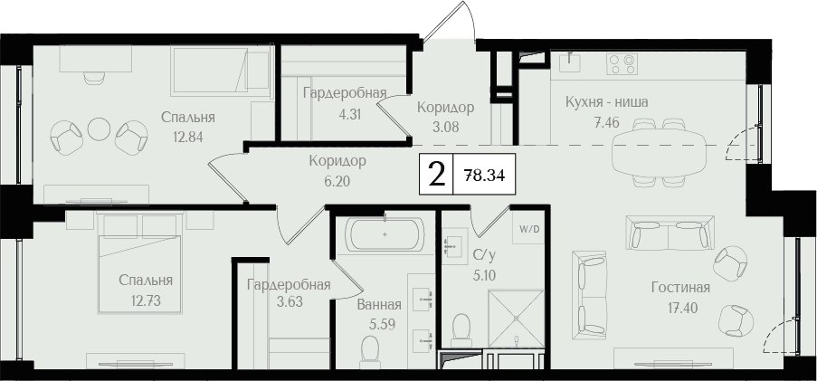 2-комнатная квартира без отделки, 78.34 м2, 16 этаж, дом сдан, ЖК Преображенская площадь, корпус 1 - объявление 2408080 - фото №1