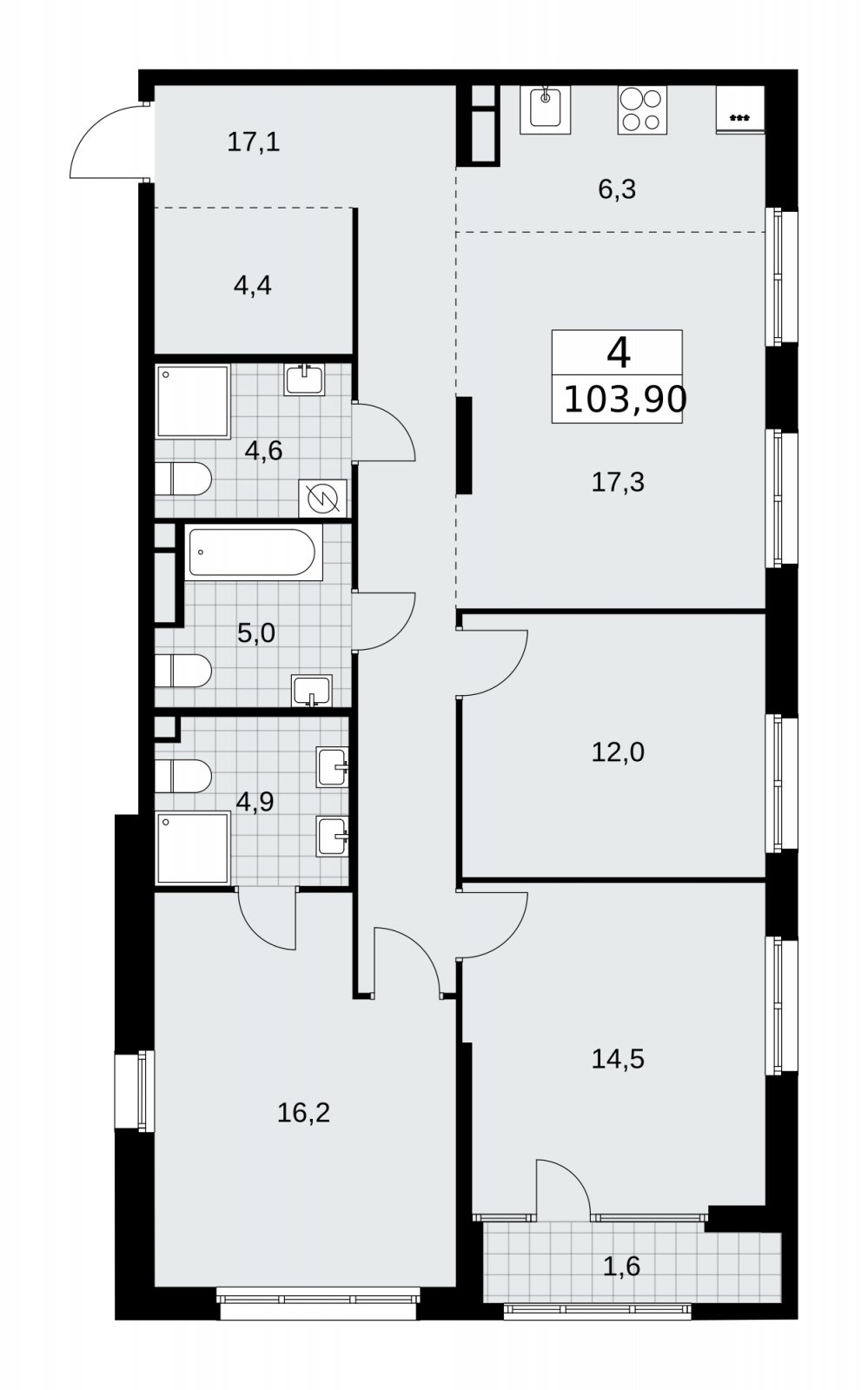 4-комнатная квартира (евро) с частичной отделкой, 103.9 м2, 11 этаж, сдача 1 квартал 2026 г., ЖК Дом на Зорге, корпус 25 - объявление 2221218 - фото №1