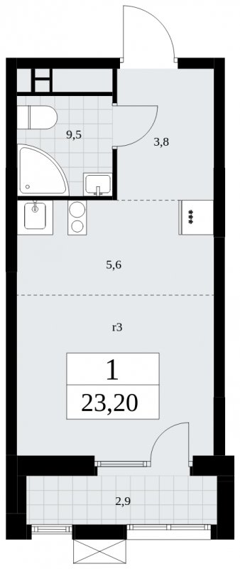 Студия с частичной отделкой, 23.2 м2, 16 этаж, сдача 1 квартал 2025 г., ЖК Дзен-кварталы, корпус 1.1 - объявление 1895608 - фото №1