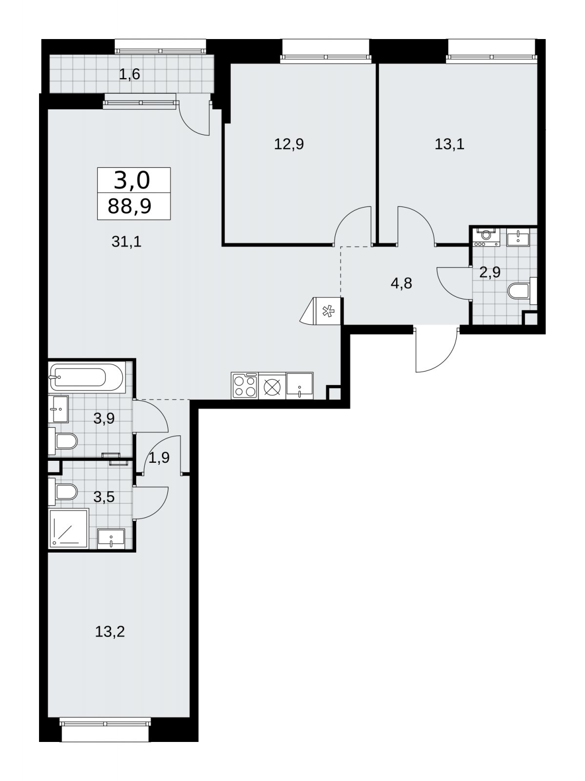 3-комнатная квартира с частичной отделкой, 88.9 м2, 2 этаж, сдача 1 квартал 2026 г., ЖК Бунинские кварталы, корпус 6.3 - объявление 2252640 - фото №1