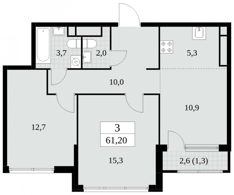 3-комнатная квартира (евро) без отделки, 61.2 м2, 29 этаж, сдача 2 квартал 2025 г., ЖК Южные сады, корпус 2.4 - объявление 1760532 - фото №1