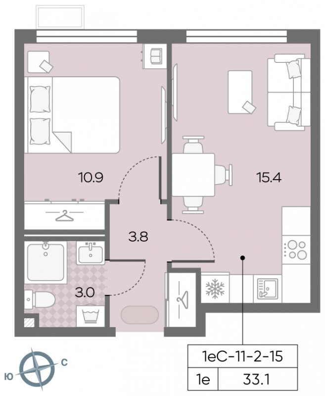 1-комнатная квартира с полной отделкой, 33.1 м2, 15 этаж, сдача 3 квартал 2024 г., ЖК Лучи, корпус 15 - объявление 1943496 - фото №1