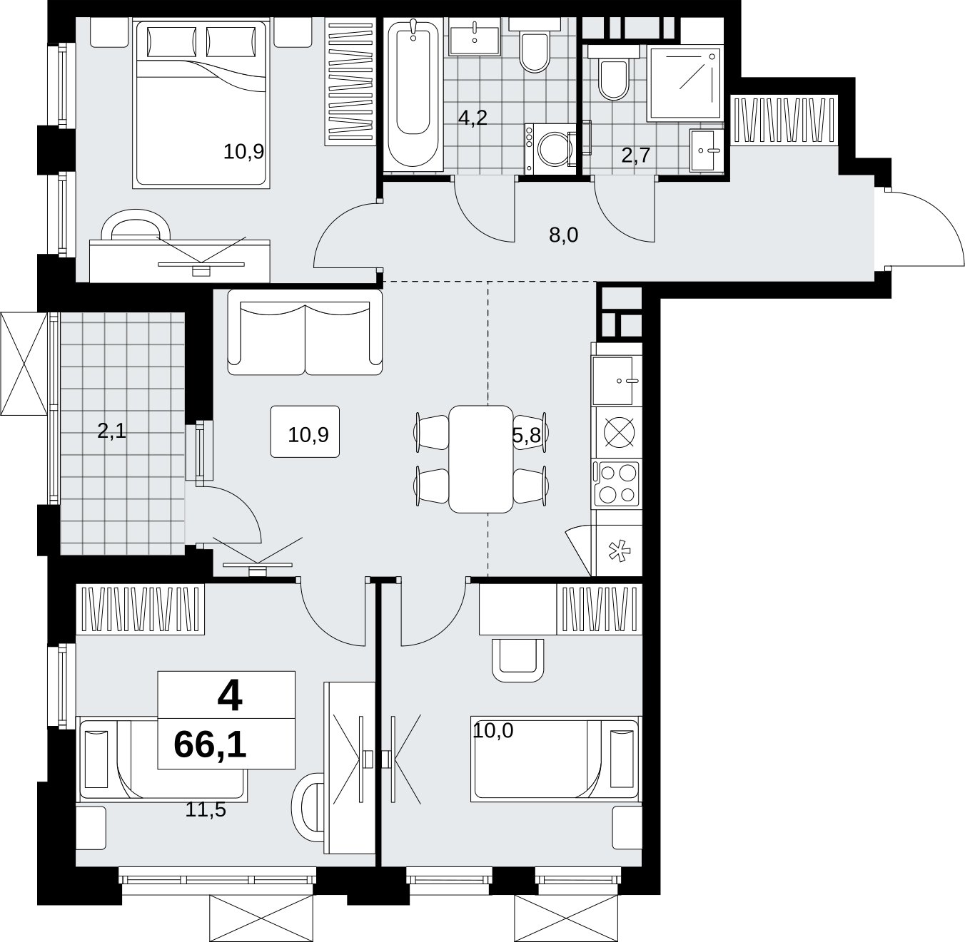 4-комнатная квартира (евро) с полной отделкой, 66.1 м2, 14 этаж, сдача 1 квартал 2027 г., ЖК Скандинавия, корпус 2.18.2.3 - объявление 2351439 - фото №1