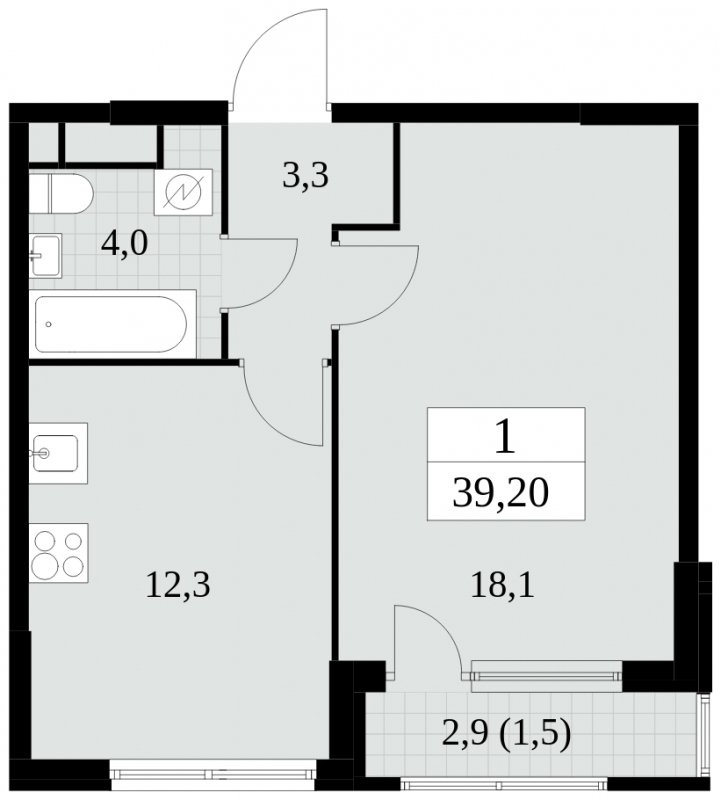 1-комнатная квартира без отделки, 39.2 м2, 15 этаж, сдача 2 квартал 2025 г., ЖК Южные сады, корпус 2.3 - объявление 1758349 - фото №1