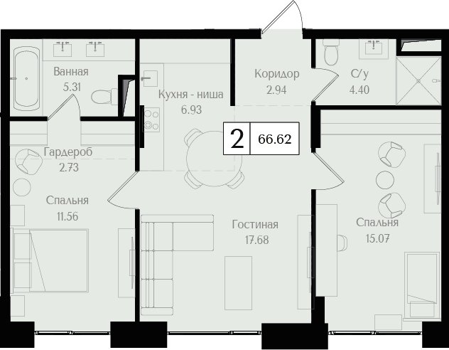 2-комнатная квартира без отделки, 64.48 м2, 2 этаж, сдача 3 квартал 2024 г., ЖК Преображенская площадь, корпус 2 - объявление 2266221 - фото №1