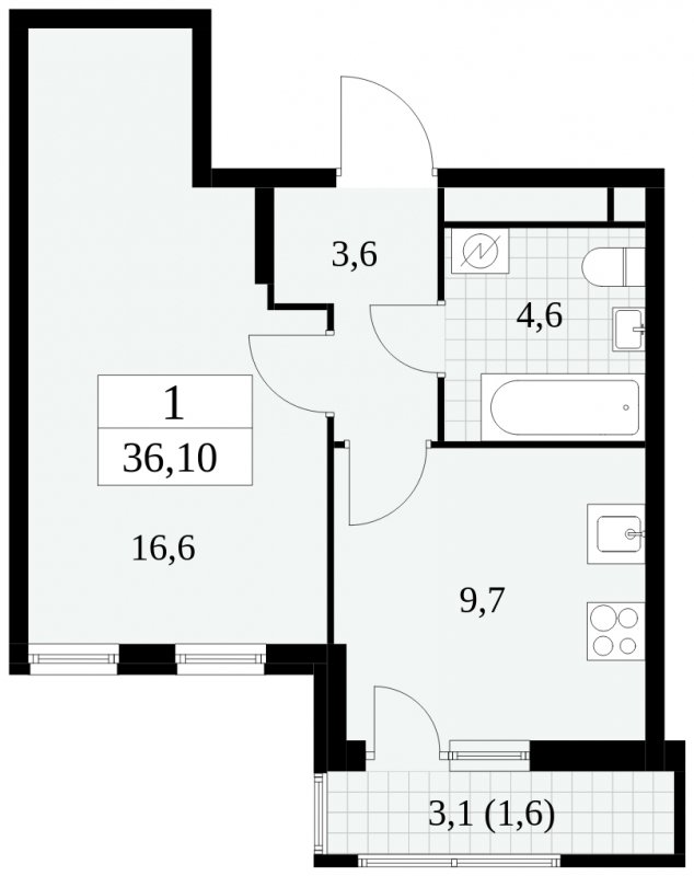 1-комнатная квартира без отделки, 36.1 м2, 11 этаж, сдача 2 квартал 2025 г., ЖК Южные сады, корпус 2.3 - объявление 1758082 - фото №1