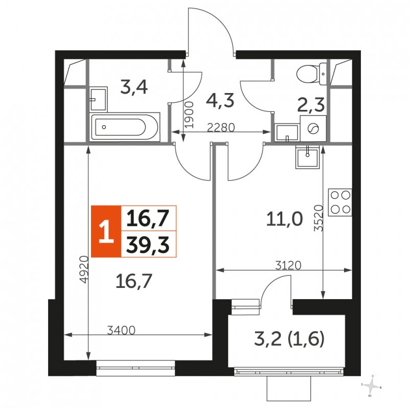 1-комнатная квартира с частичной отделкой, 39.3 м2, 5 этаж, сдача 3 квартал 2023 г., ЖК UP-квартал Римский, корпус 7 - объявление 1849950 - фото №1