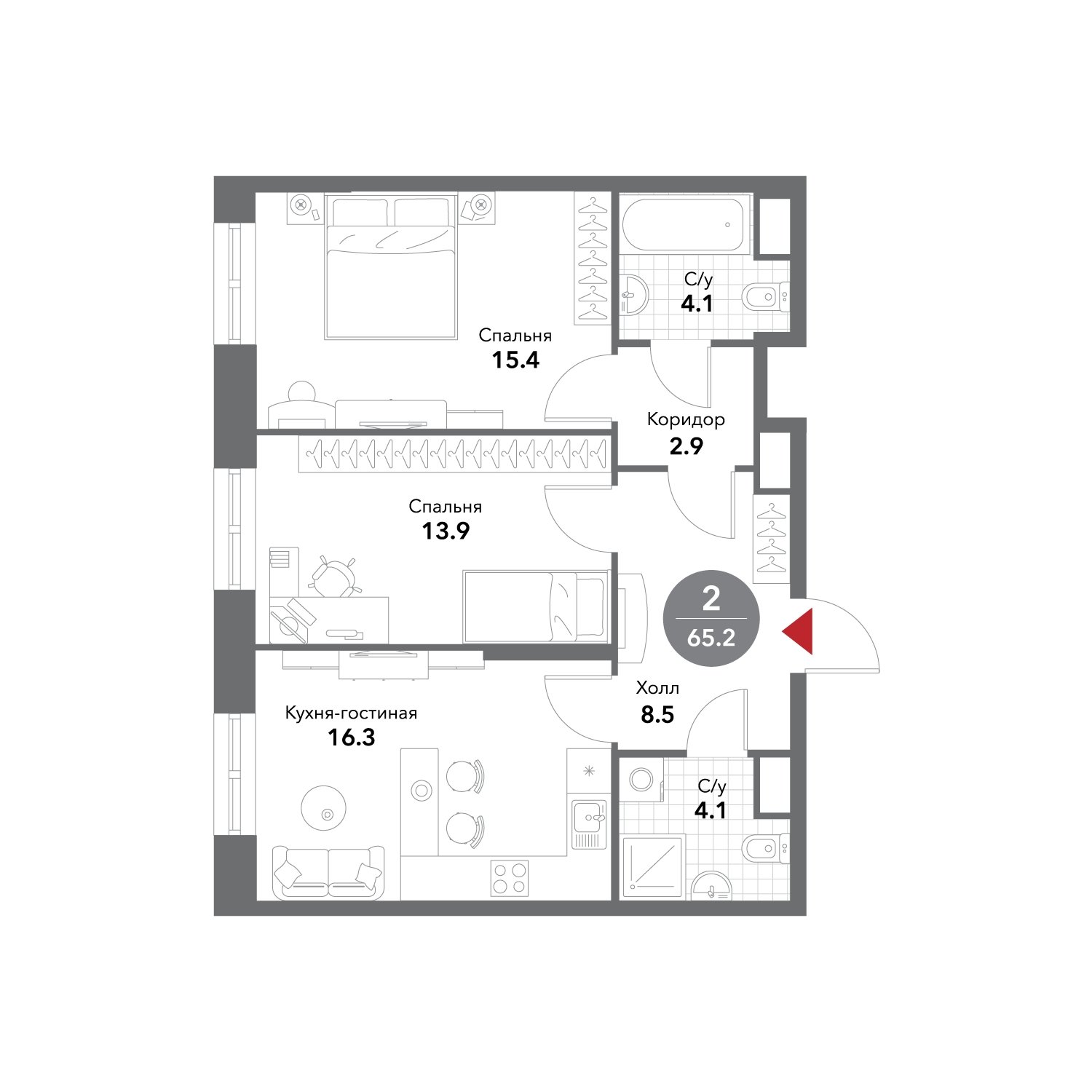 2-комнатные апартаменты без отделки, 65.2 м2, 15 этаж, сдача 3 квартал 2025 г., ЖК VOXHALL, корпус 4 - объявление 1981135 - фото №1