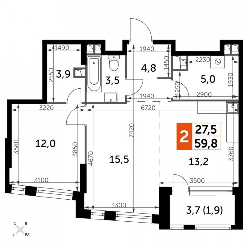 2-комнатная квартира с частичной отделкой, 59.8 м2, 12 этаж, сдача 4 квартал 2024 г., ЖК ROTTERDAM, корпус 2.3 - объявление 1954397 - фото №1
