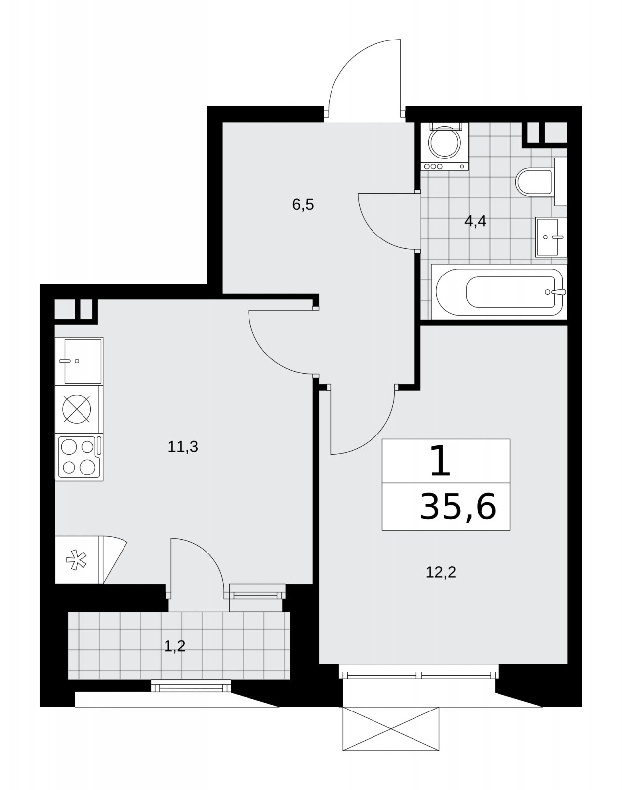 1-комнатная квартира без отделки, 35.6 м2, 3 этаж, сдача 4 квартал 2025 г., ЖК Бунинские кварталы, корпус 6.6 - объявление 2252906 - фото №1
