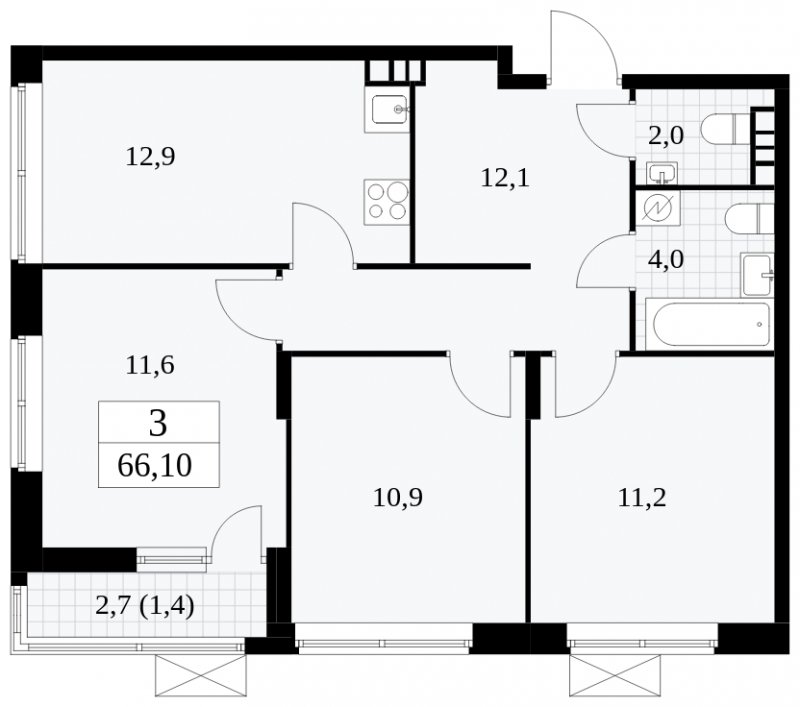 3-комнатная квартира без отделки, 66.1 м2, 5 этаж, сдача 1 квартал 2025 г., ЖК Прокшино, корпус 5.2.1 - объявление 1750967 - фото №1