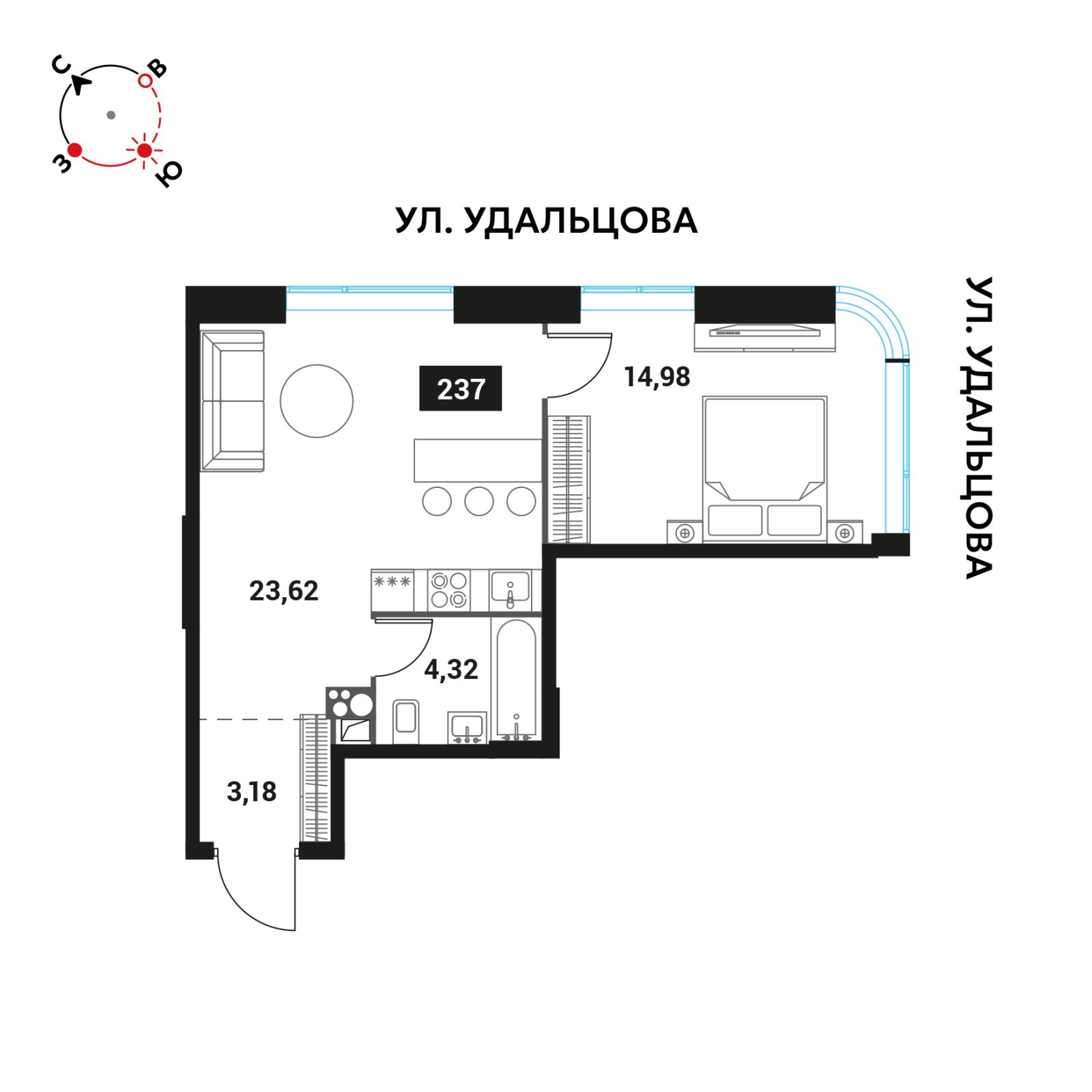 2-комнатная квартира без отделки, 45.8 м2, 19 этаж, дом сдан, ЖК Инноватор, корпус А - объявление 2416575 - фото №1