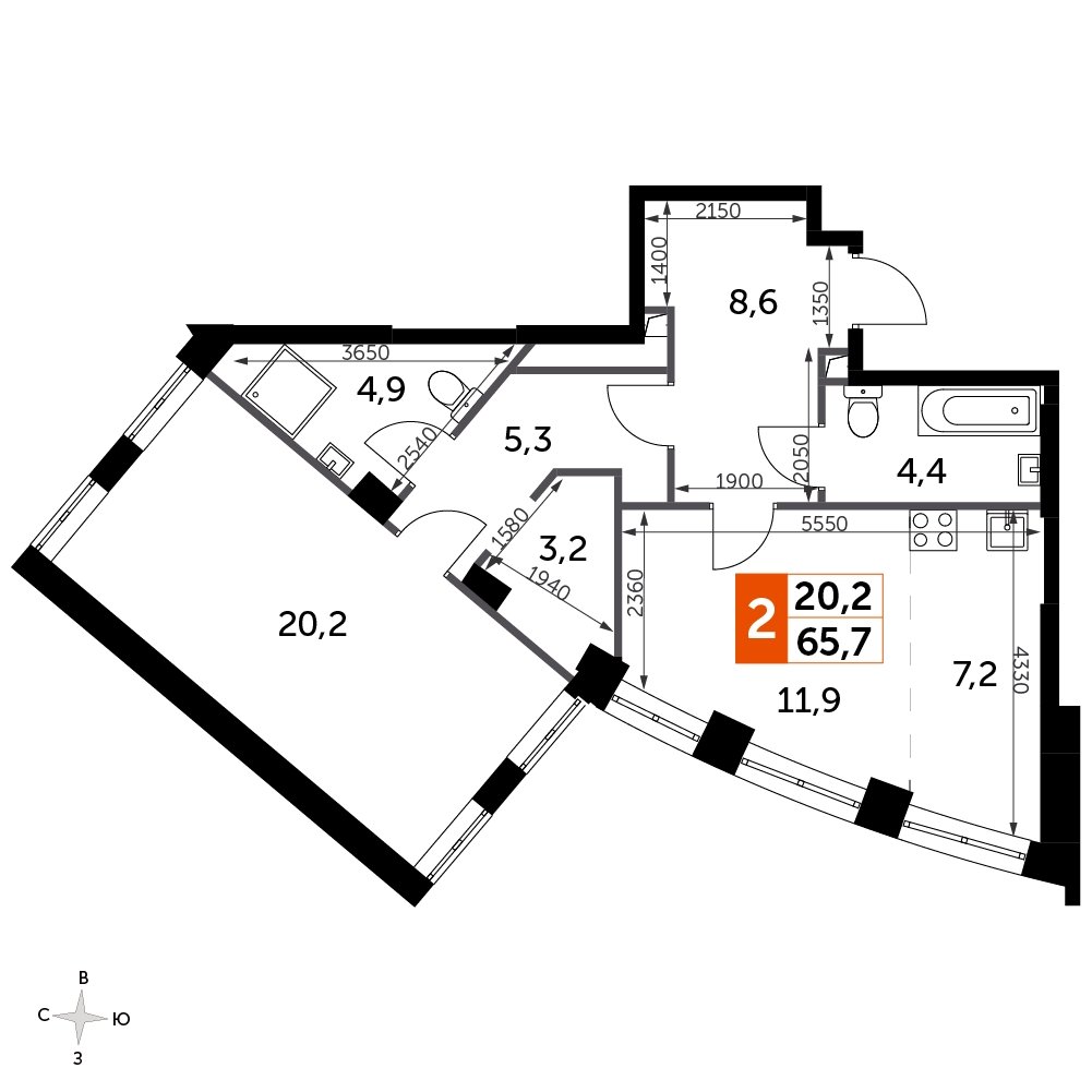 1-комнатная квартира с частичной отделкой, 65.7 м2, 16 этаж, сдача 3 квартал 2024 г., ЖК Sydney City, корпус 2.2 - объявление 2266941 - фото №1