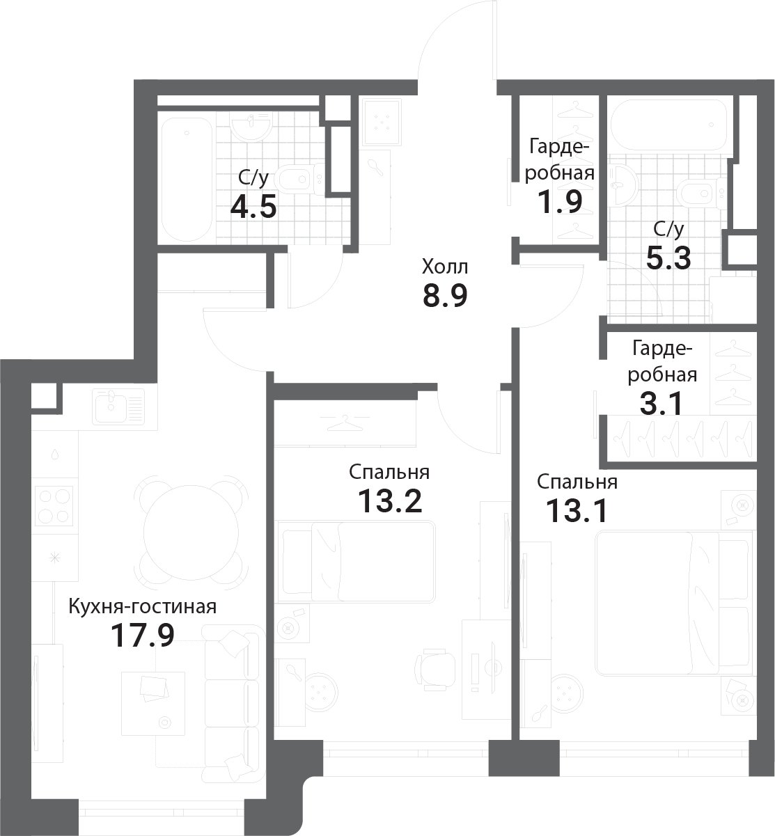 2-комнатная квартира без отделки, 67.9 м2, 13 этаж, сдача 3 квартал 2025 г., ЖК Nagatino i-Land, корпус 2 (3 очередь) - объявление 1981105 - фото №1