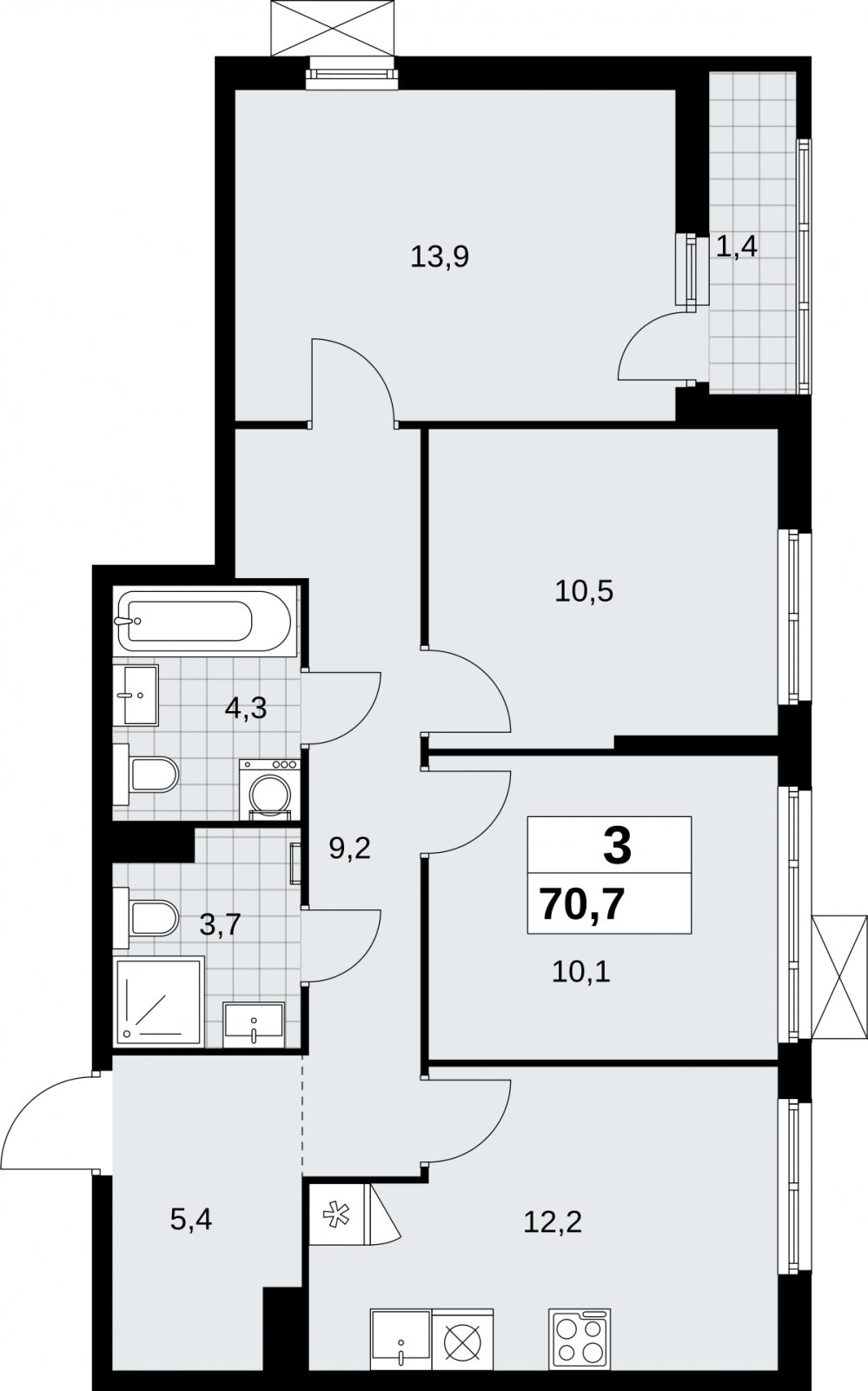 3-комнатная квартира без отделки, 70.7 м2, 3 этаж, сдача 2 квартал 2026 г., ЖК Дзен-кварталы, корпус 6.1.1 - объявление 2327137 - фото №1