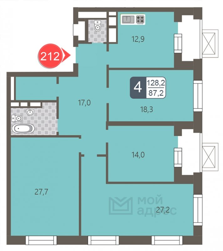 4-комнатная квартира с полной отделкой, 128.2 м2, 28 этаж, дом сдан, ЖК мой адрес На Береговом, корпус Южный квартал - объявление 1866988 - фото №1