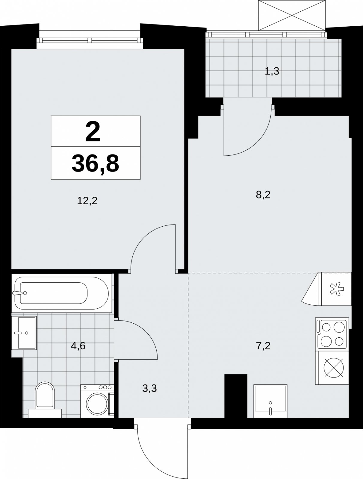 2-комнатная квартира (евро) без отделки, 36.8 м2, 3 этаж, сдача 1 квартал 2026 г., ЖК Дзен-кварталы, корпус 6.2.2 - объявление 2328631 - фото №1